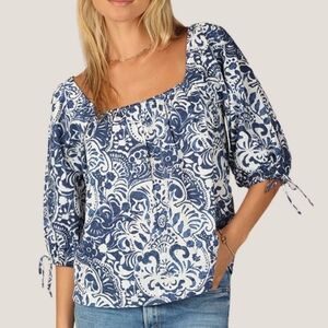 Dylan NWT 100% Cotton Women's Puff Sleeve Navy and White Floral Blouse‎